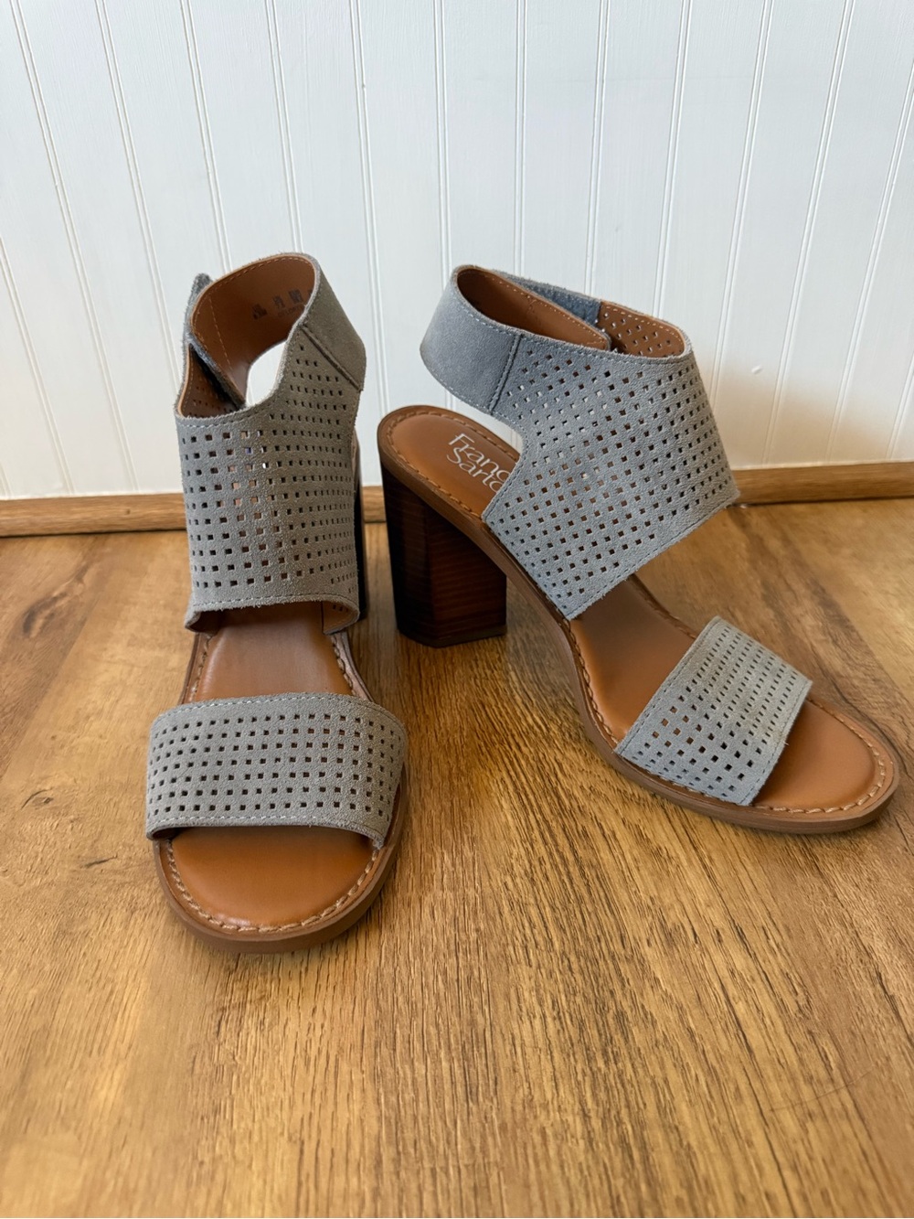 Franco Sarto Delores Grey Perforated Suede Block Heel Slingback Sandals